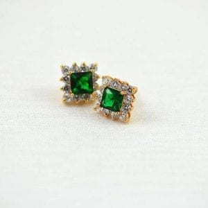 Emerald Cubic Zirconia Crystal Gold Square Stud Bridal Earrings