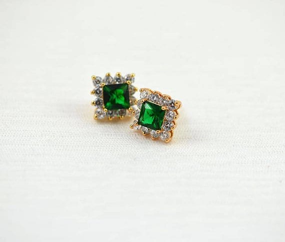 Emerald Cubic Zirconia Crystal Gold Square Stud Bridal Earrings