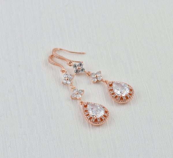 Studded Rose Gold Wedding Earrings - Teardrop Cubic Zirconia 2