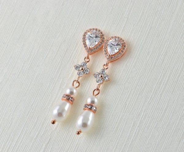 Swarovski Teardrop Wedding Earrings - Pearl Cubic Zircon Rose Gold 55