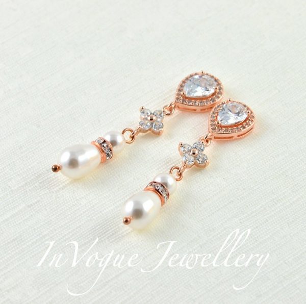 Swarovski Teardrop Wedding Earrings - Pearl Cubic Zircon Rose Gold 56