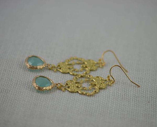 Gold Plated Chandelier Earrings - Mint Faceted, Turquoise