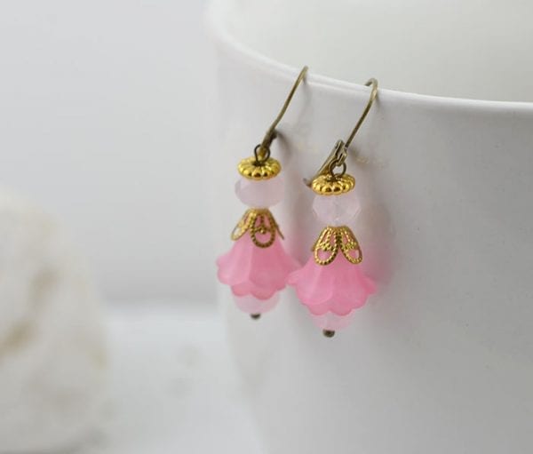 Pink Lucite Flower Dangle Earrings - Gold Plated 2