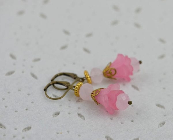 Pink Lucite Flower Dangle Earrings - Gold Plated 53