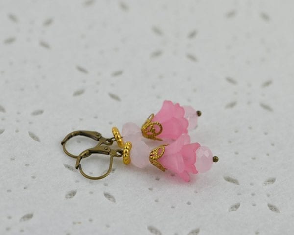 Pink Lucite Flower Dangle Earrings - Gold Plated 1