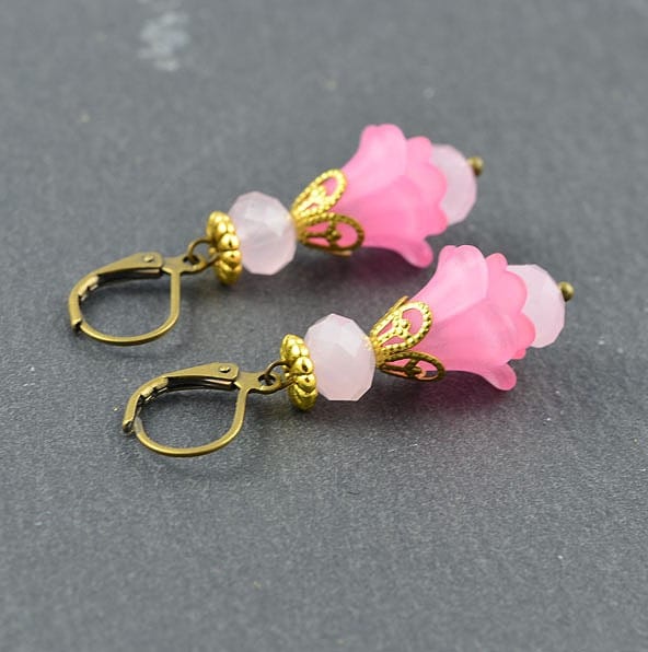 Pink Lucite Flower Dangle Earrings - Gold Plated 6