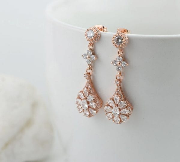 Rose Gold Teardrop CZ Wedding Earrings Jewellery 55