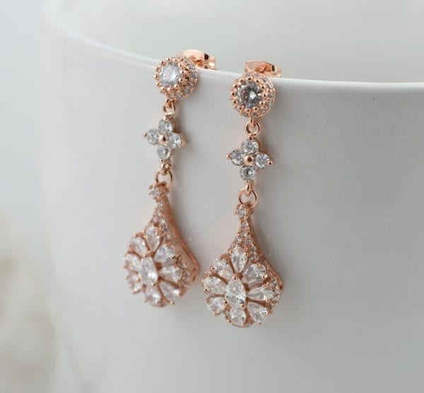 Rose Gold Teardrop CZ Wedding Earrings Jewellery 51