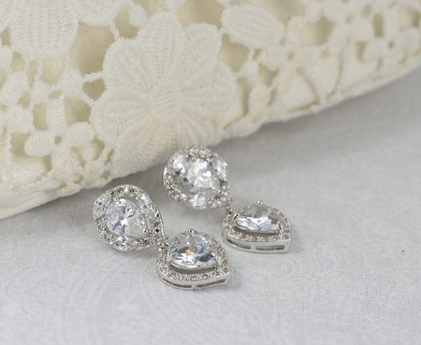 Cubic Zirconia Silver Bridal Earrings - Love Heart 2