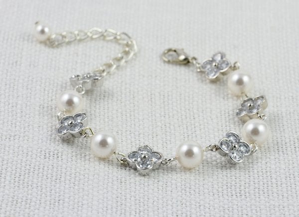 Swavorski Wedding Bridal Bracelet - Rhodium Set Zirconia, Pearls 1