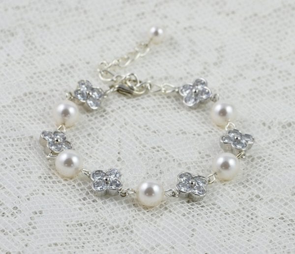 Swavorski Wedding Bridal Bracelet - Rhodium Set Zirconia, Pearls 55