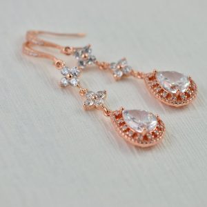 Studded Rose Gold Wedding Earrings - Teardrop Cubic Zirconia 57