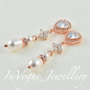 Swarovski Teardrop Wedding Earrings - Pearl Cubic Zircon Rose Gold 10