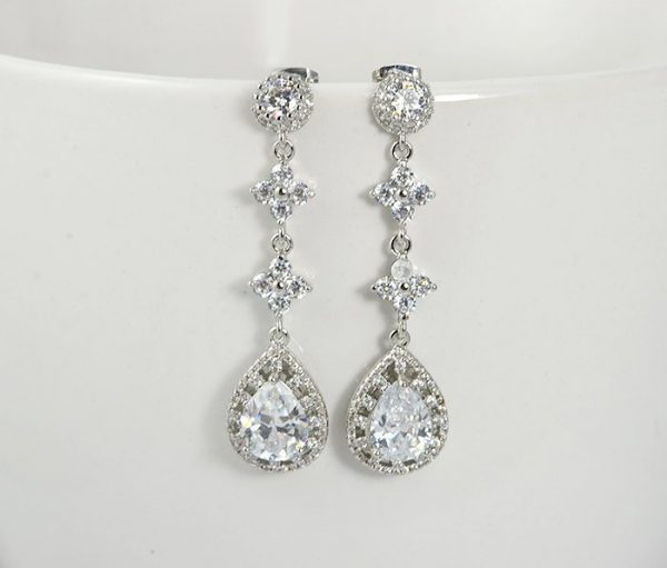 Silver Bridal Wedding Earrings - Teardrop Cubic Zirconia Studded 2