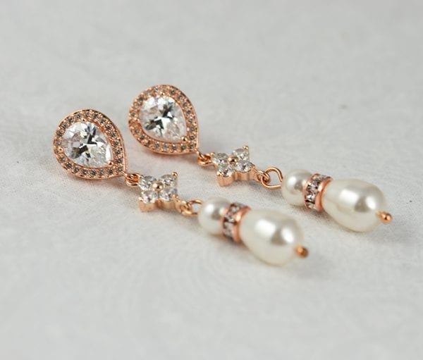 Swarovski Teardrop Wedding Earrings - Pearl Cubic Zircon Rose Gold 54