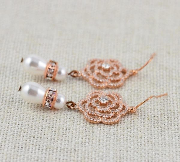 Swarovski Rose Gold Teardrop Earrings - Cubic Zirconia, Pearl 3