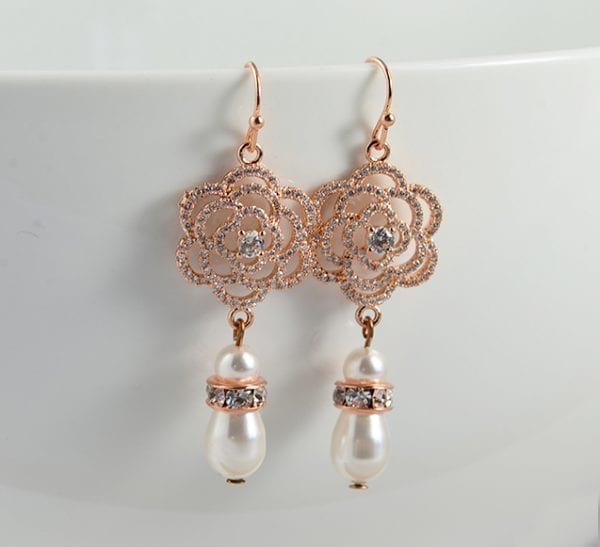 Swarovski Rose Gold Teardrop Earrings - Cubic Zirconia, Pearl 55