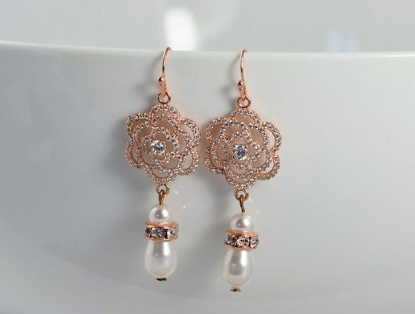 Swarovski Rose Gold Teardrop Earrings - Cubic Zirconia, Pearl 57
