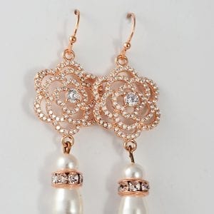 Swarovski Rose Gold Teardrop Earrings - Cubic Zirconia, Pearl 1