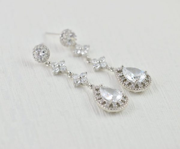 Silver Bridal Wedding Earrings - Teardrop Cubic Zirconia Studded 55