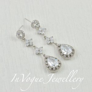 Silver Bridal Wedding Earrings - Teardrop Cubic Zirconia Studded 61