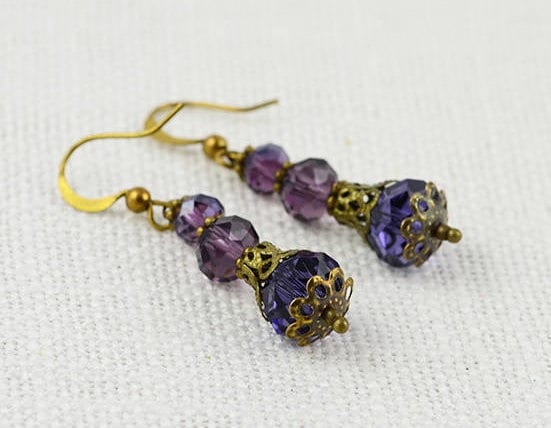 Amethyst Faceted Glass Earrings - Bronze, Antique, Vintage, Dangle Purple Earrings 51