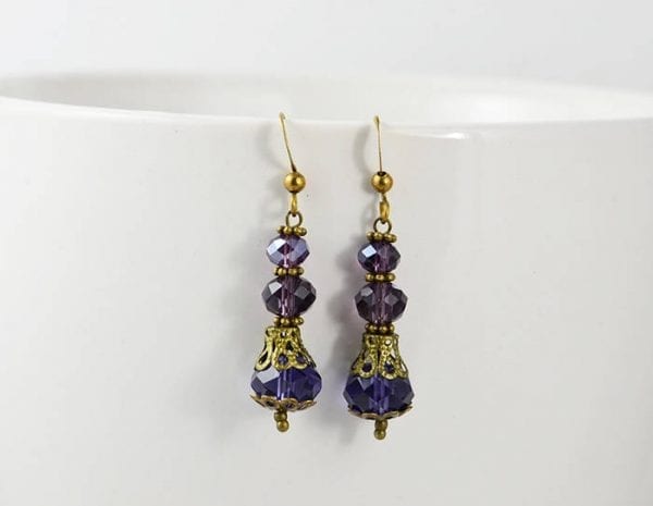 Amethyst Faceted Glass Earrings - Bronze, Antique, Vintage, Dangle Purple Earrings 53