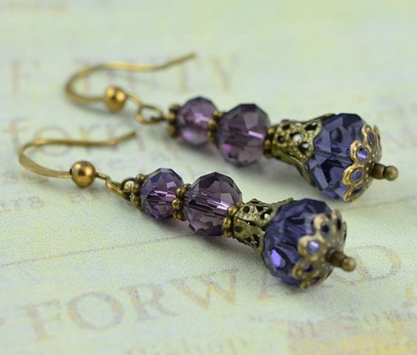 Amethyst Faceted Glass Earrings - Bronze, Antique, Vintage, Dangle Purple Earrings 54