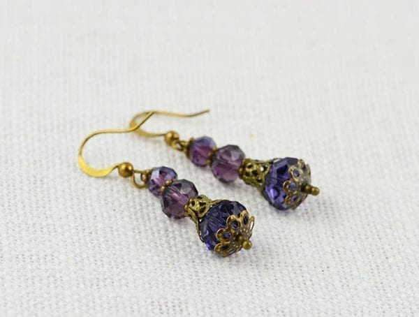 Amethyst Faceted Glass Earrings - Bronze, Antique, Vintage, Dangle Purple Earrings 55