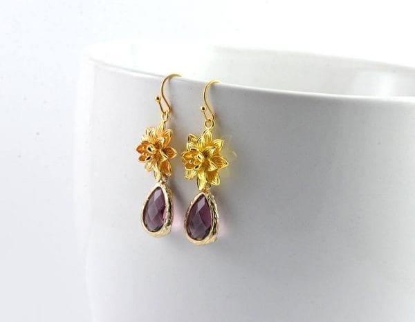 Amethyst Flower Chandelier Earrings - Gold, Bridesmaids, Drop 1