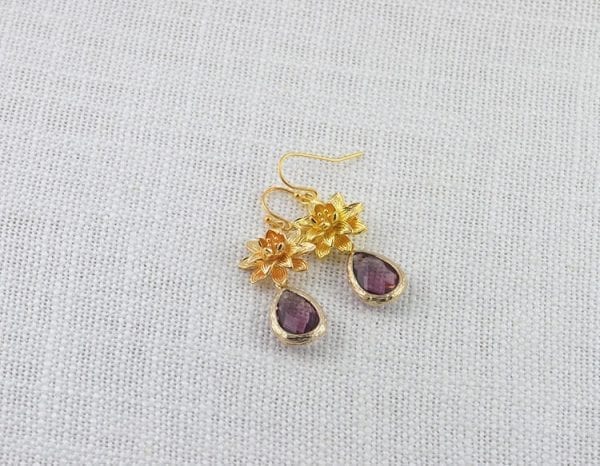 Amethyst Flower Chandelier Earrings - Gold, Bridesmaids, Drop 2