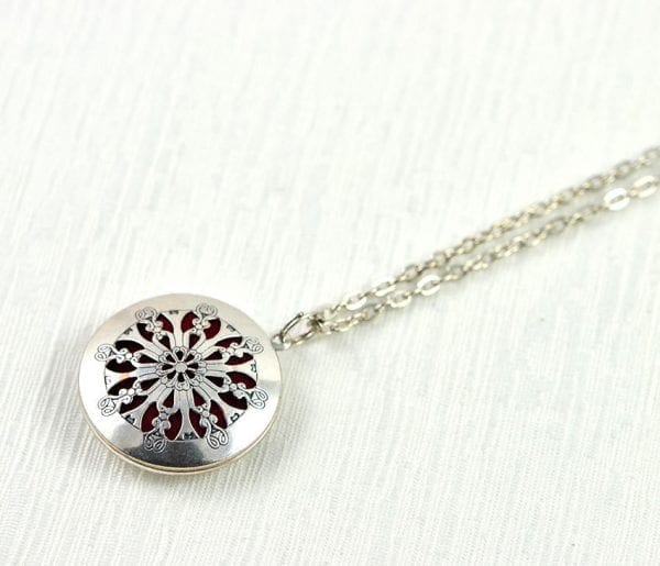 Antique Aromatherapy Diffuser Necklace For Essential Oils - Lava Stone ,Silver, Filigree, Pendant Flower
