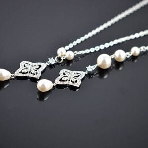 Back Drop Silver Bridal Necklace - Wedding, Cubic Zirconia, Swarovski Pearls 51