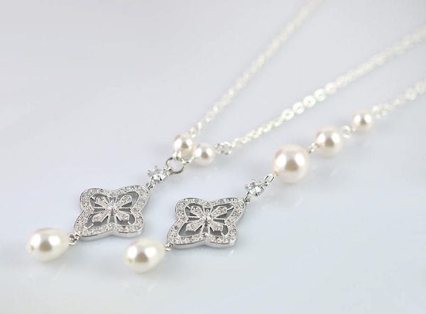 Back Drop Silver Bridal Necklace - Wedding, Cubic Zirconia, Swarovski Pearls 2