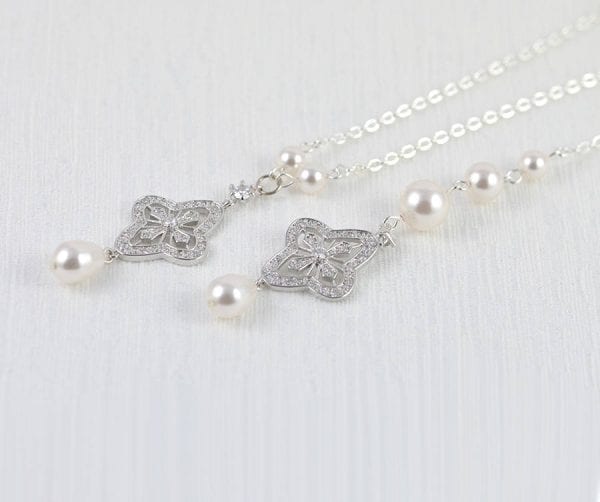 Back Drop Silver Bridal Necklace - Wedding, Cubic Zirconia, Swarovski Pearls 4