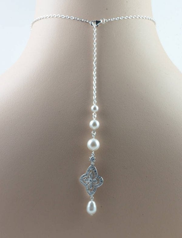 Back Drop Silver Bridal Necklace - Wedding, Cubic Zirconia, Swarovski Pearls 55