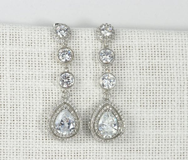 Bridal Earrings, Cubic Zirconia Crystals Drop Earrings, Wedding Bridal Jewellery Classic Silver Earrings TearDrop Halo Long Dangle Earrings