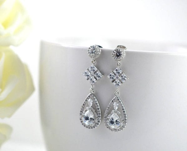 Silver Teardrop Wedding Earrings - Bridal, Wedding Jewellery, Bridal Dangle Earrings 51