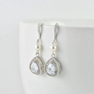 Silver Drop Swarovski Pearl Earrings, Cubic Zirconia Crystals Wedding Bridal Jewellery, Silver Pearl Drop Earrings 19
