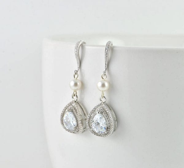 Silver Drop Swarovski Pearl Earrings, Cubic Zirconia Crystals Wedding Bridal Jewellery, Silver Pearl Drop Earrings 51