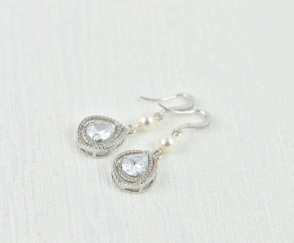 Silver Drop Swarovski Pearl Earrings, Cubic Zirconia Crystals Wedding Bridal Jewellery, Silver Pearl Drop Earrings 3