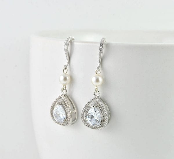 Silver Drop Swarovski Pearl Earrings, Cubic Zirconia Crystals Wedding Bridal Jewellery, Silver Pearl Drop Earrings 54