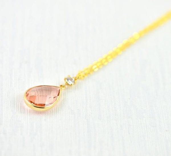 Bridal Light Peach Necklace - Cubic Zirconia, Wedding, Teardrop Flower Pendant Necklace 52