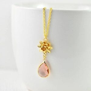 Light Peach Bridal Necklace - Cubic Zirconia, Wedding, Rose Gold, Flower Pendant Necklace 57