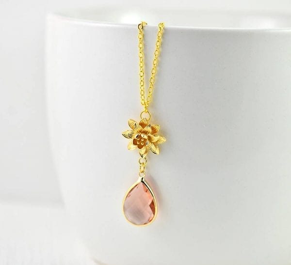 Light Peach Bridal Necklace - Cubic Zirconia, Wedding, Rose Gold, Flower Pendant Necklace 51