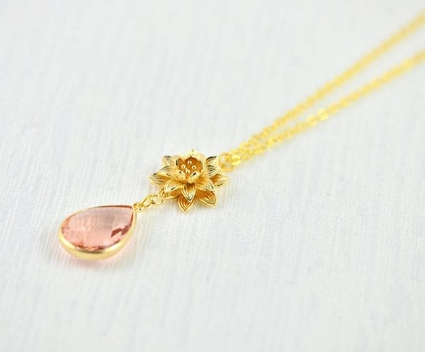 Light Peach Bridal Necklace - Cubic Zirconia, Wedding, Rose Gold, Flower Pendant Necklace 2