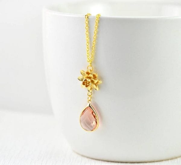 Light Peach Bridal Necklace - Cubic Zirconia, Wedding, Rose Gold, Flower Pendant Necklace 54