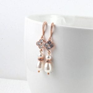 Bridal Rose Gold Pearl Earrings - Wedding, Cubic zirconia, Flower Dangle, Swarovski Pearl 24