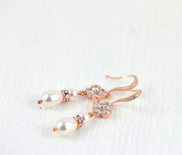 Bridal Rose Gold Pearl Earrings - Wedding, Cubic zirconia, Flower Dangle, Swarovski Pearl 52