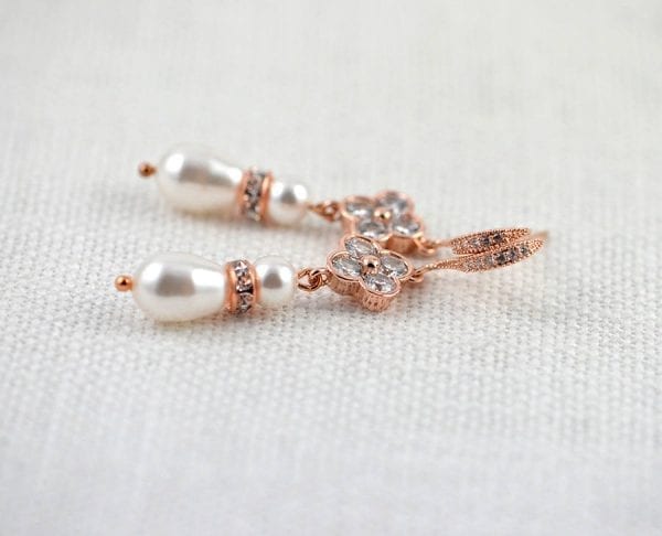 Bridal Rose Gold Pearl Earrings - Wedding, Cubic zirconia, Flower Dangle, Swarovski Pearl 3